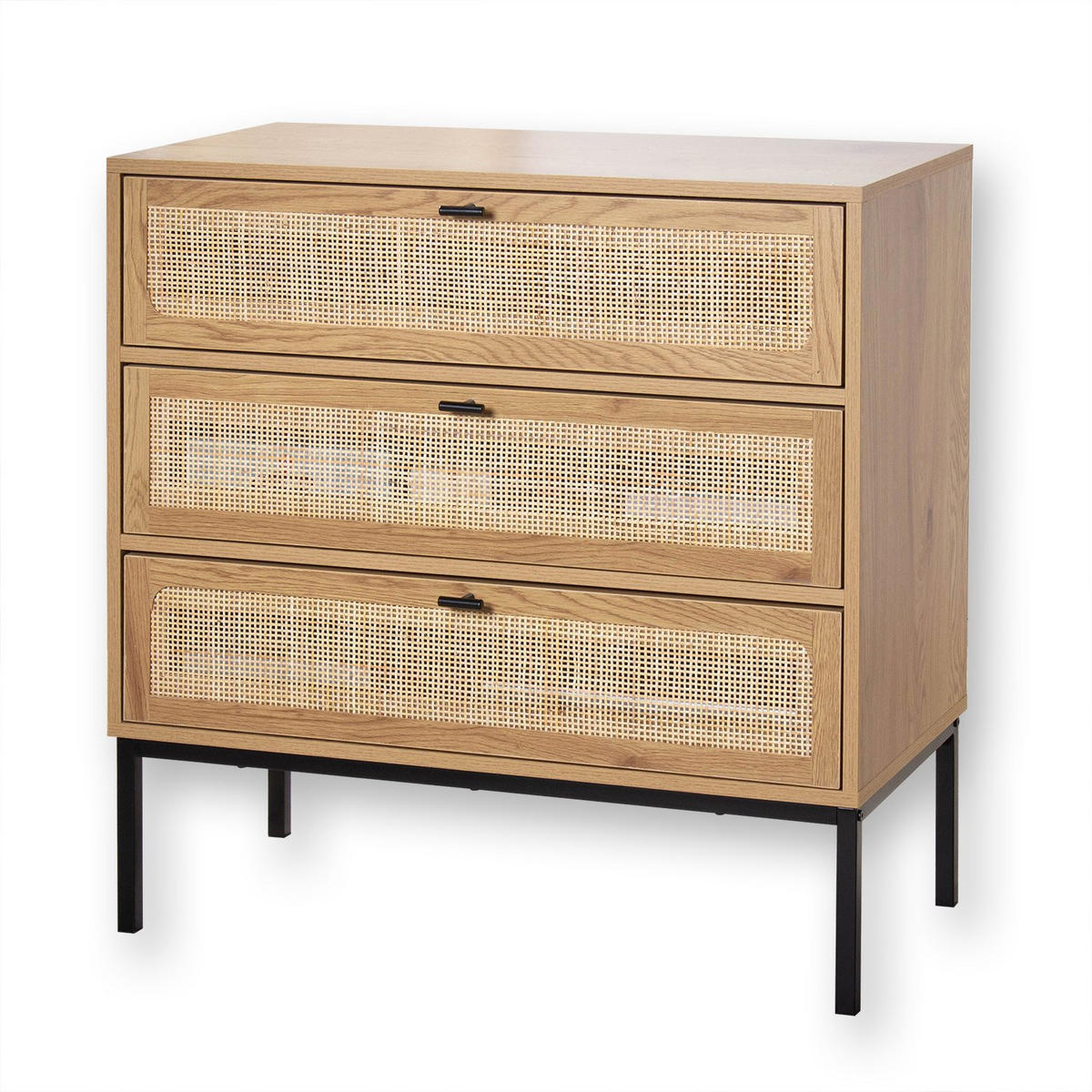 KOMMODE mit 3 Schubladen und Vorderseite aus Rattan - L80 cm - Eichefarben, Holzwerkstoff (39/79/80cm) - Calicosy