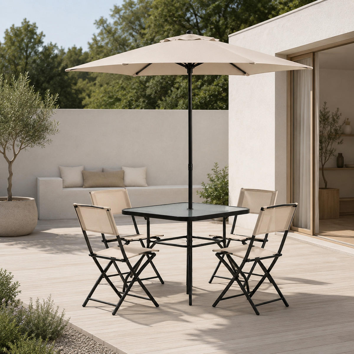 GARTENMÖBEL-SET mit 1 Esstisch. 4 Klappstühlen und 1 Aufstellschirm. Schwarz und Beige - Beige/Schwarz, Metall - Home Collective