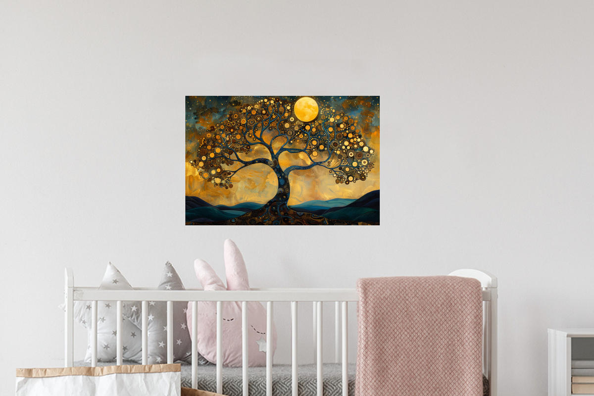 WANDTATTOO Baum - Mond - Blumen - Gold - Kunst 60x40 cm - Orange, Kunststoff (60/40/0.1cm) - MuchoWow