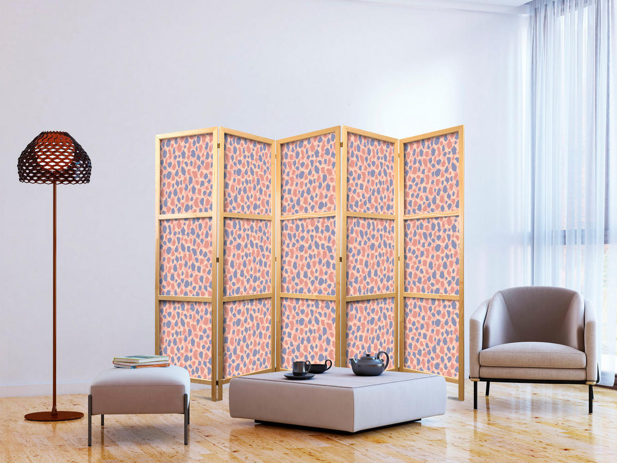 PARAVENT Japanischer 5-tlg 225x172 cm Buntes Tiermuster - Rosa, Holz/Textil (225/172/3cm) - Muralo