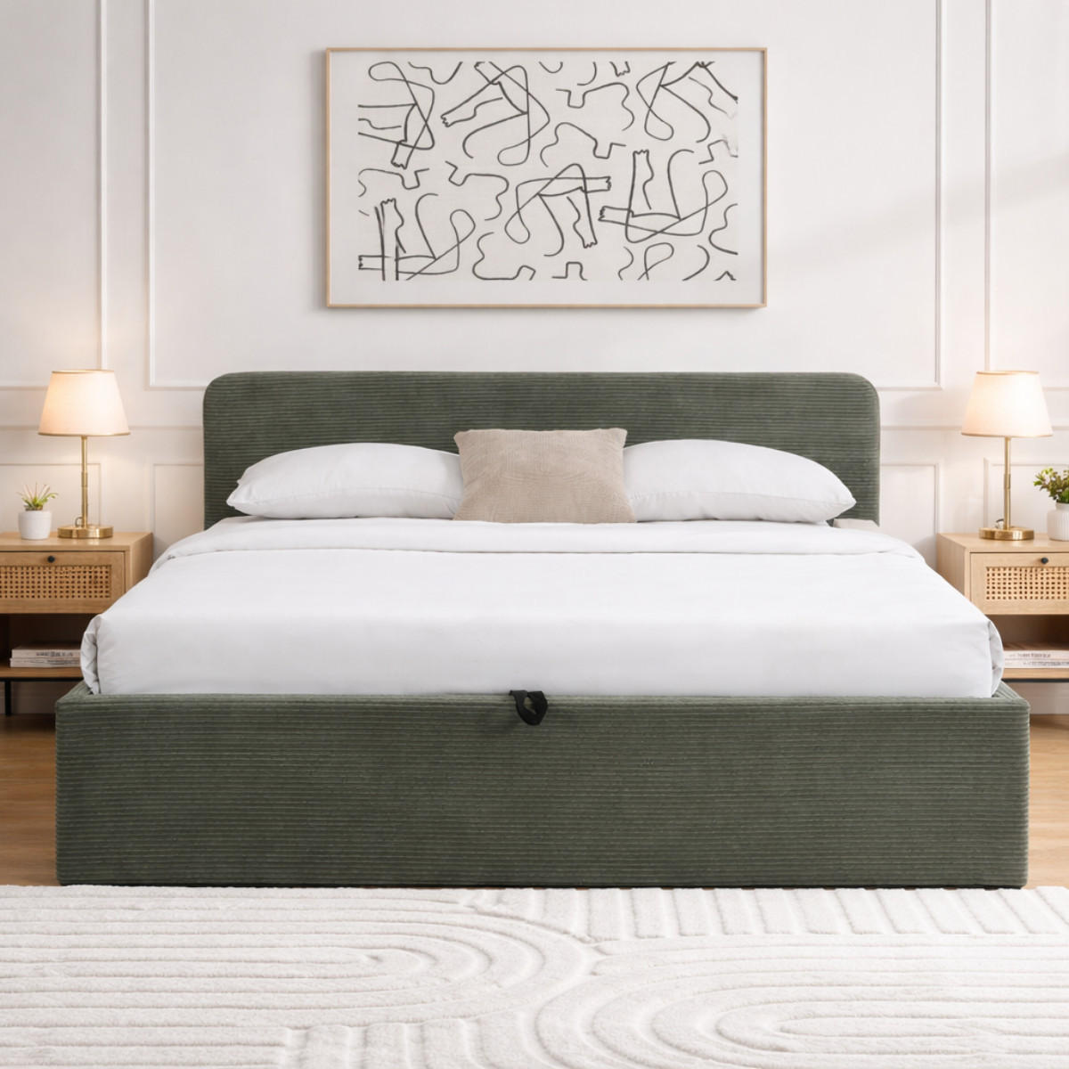 BETT mit Bettkasten 160 x 200 cm mit Kopfteil aus khakifarbenem Cord 170/88/215 cm - Grün, Holz (200/160cm) - Calicosy
