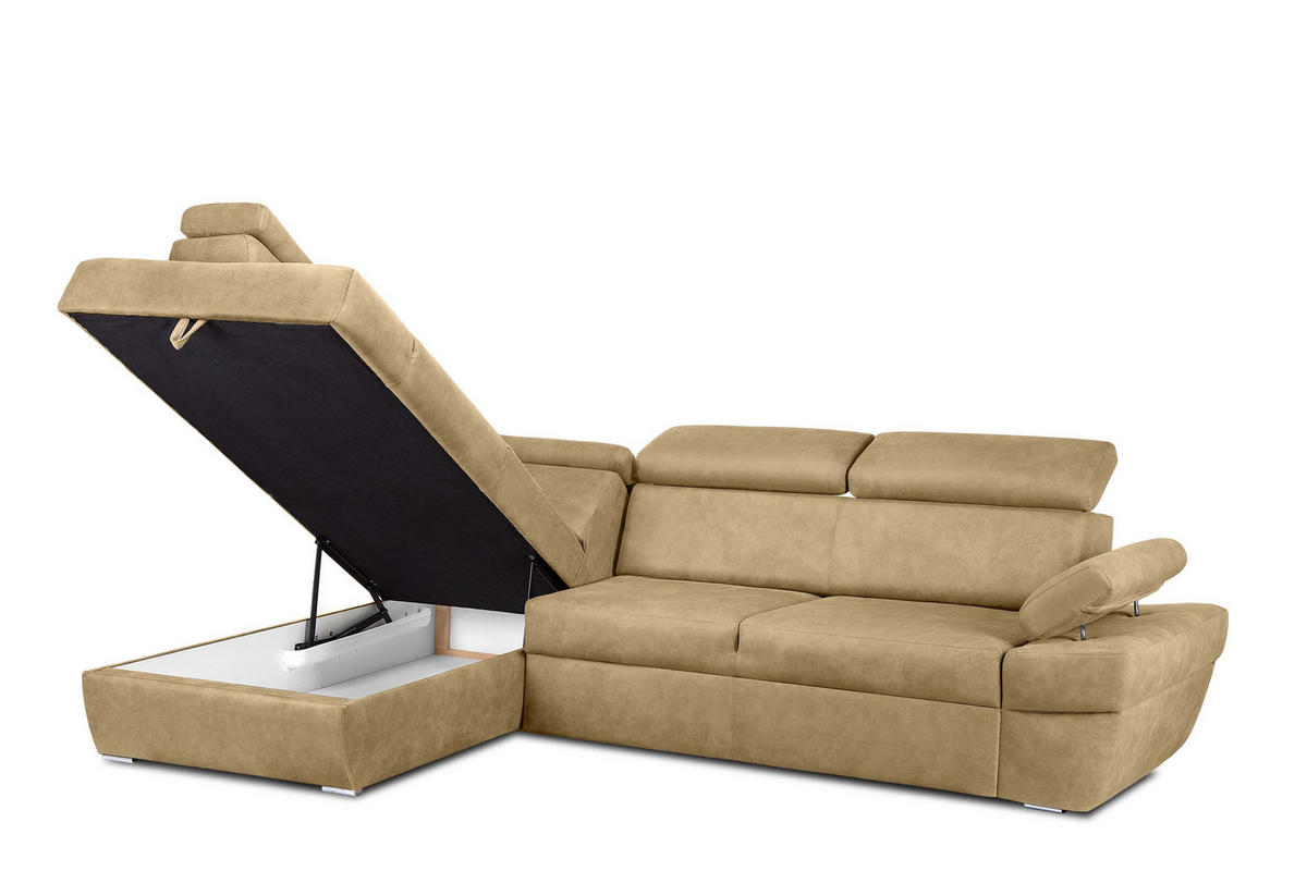 SCHLAFECKSOFA RATLO links 4/5-Sitzer mit Bettkasten in Lederoptik, ecrue - Ecru/Silberfarben, Textil (270/190cm) - KONSIMO®