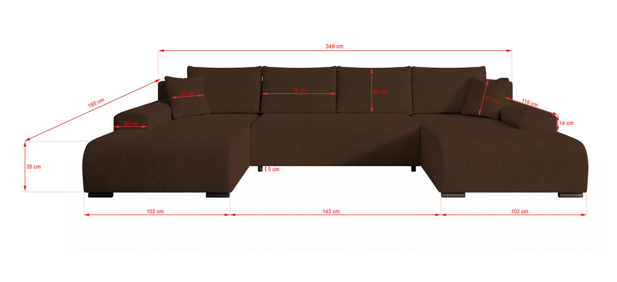 WOHNLANDSCHAFT Nelly U mit Bettkasten und Schlaffunktion, Cordstoff in U-Form - Braun, Textil (349/80/185cm)