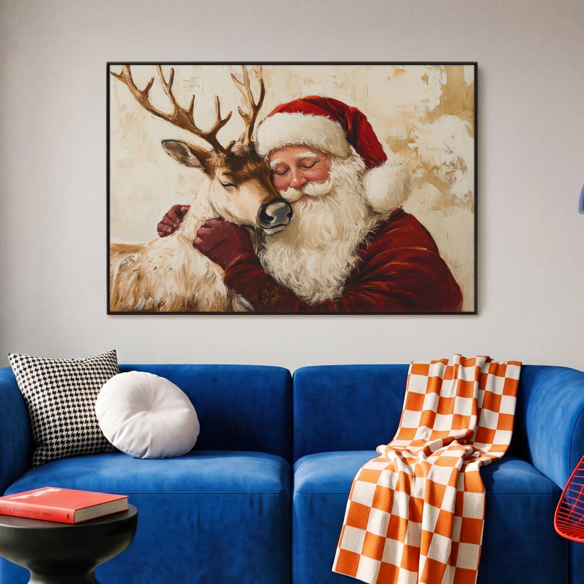 LEINWAND Bilder mit Rahmen - Weihnachtsmann - Rentier - Weihnachten - 90x60 - Rotbraun, Textil (90/60cm) - MuchoWow