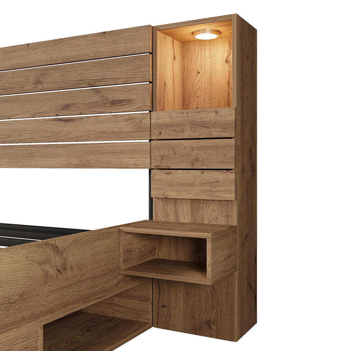 DOPPELBETT 160x200 cm mit LED-Downlights und USB Type-C in Eichenoptik, Mit Matratze - Eichefarben/Schwarz, Holz (200/160cm) - KOMHTOM