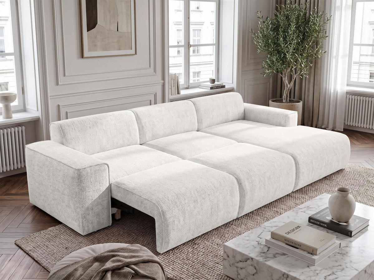 ECKSOFA L Form Ruyam Perlweiß 310/165/78 cm – Schlaffunktion Rechts - Schwarz/Weiß, Kunststoff/Textil (310/170cm) - AX Living