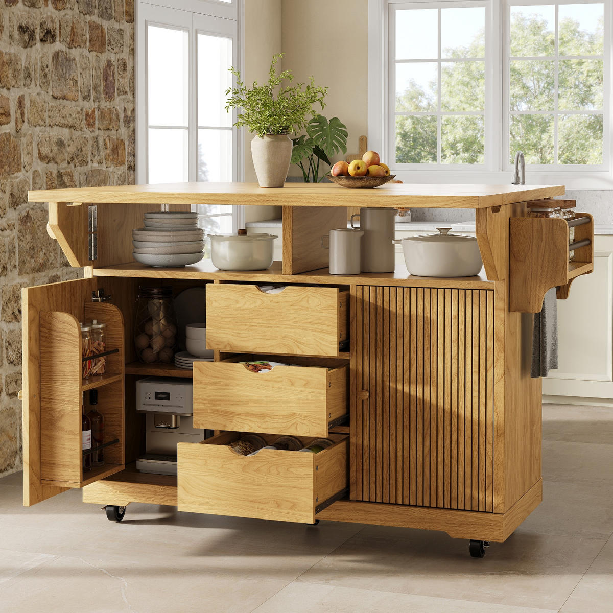 KÜCHENINSEL, AUSKLAPPBARE TISCHVERLÄNGERUNGEN, MDF Naturbraun, Küche, 142,5/80/95 cm - Braun, Holzwerkstoff (80/95/142.5cm) - Rolipo