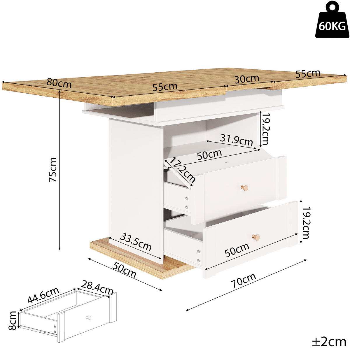 ESSTISCH 110-140/75/80 cm in Natur oder Weiß aus MDF und Metall mit Stauraum - Weiß, Holzwerkstoff (140/80/75cm) - OKMYHOME