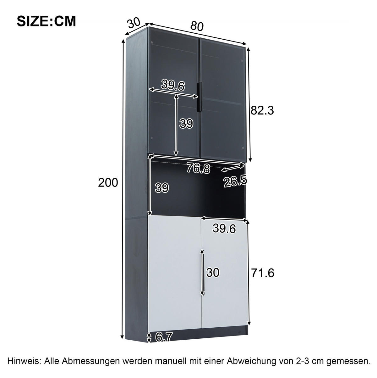 VITRINE aus Spanplatte 80x30x200 cm Weiß/Schwarz mit LED-Beleuchtung und Glastüren - Weiß, Holzwerkstoff (80/200/30cm) - IVMEU