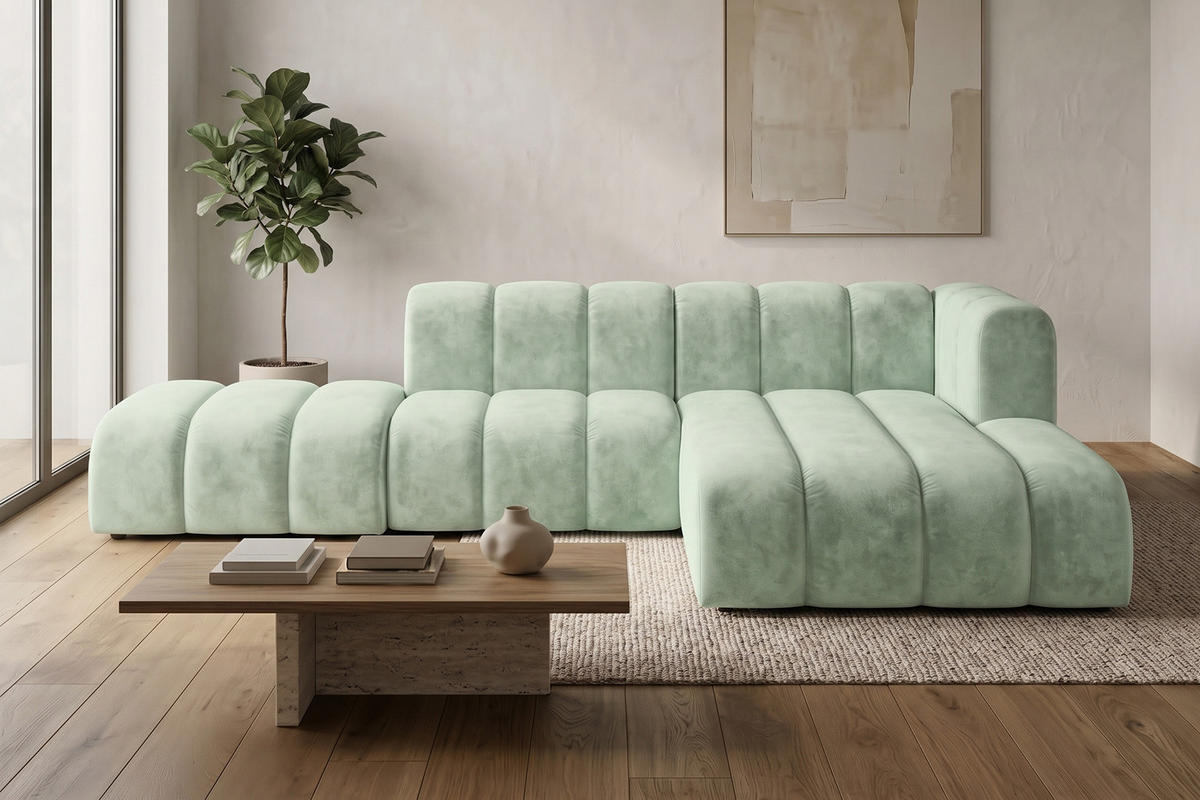 ECKSOFA Modulares In L-Form Mit Hocker, Velvet-Stoff Riviera, Mintz, Rechts, GRAND Mini - Mintgrün, Holz (295/179cm) - Kaiser Möbel