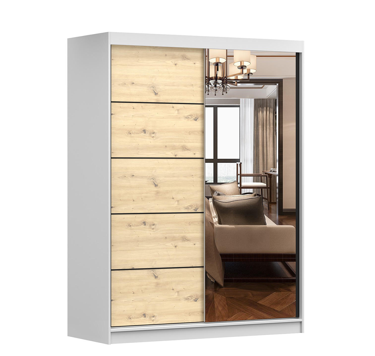 SCHWEBETÜRENSCHRANK 150/200/61 cm 2-türig Vista 05A Weiß/ Artisan Eiche - Schwarz/Eiche Artisan, Glas/Holz (150/200/61cm) - imoebel24