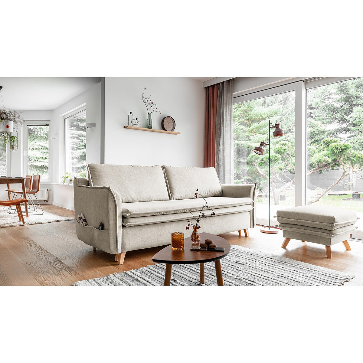 SCHLAFSOFA mit Holzfüßen - Webstoff - Beige/Buchefarben, Buchenholz/Textil (225/85/90cm) - home24