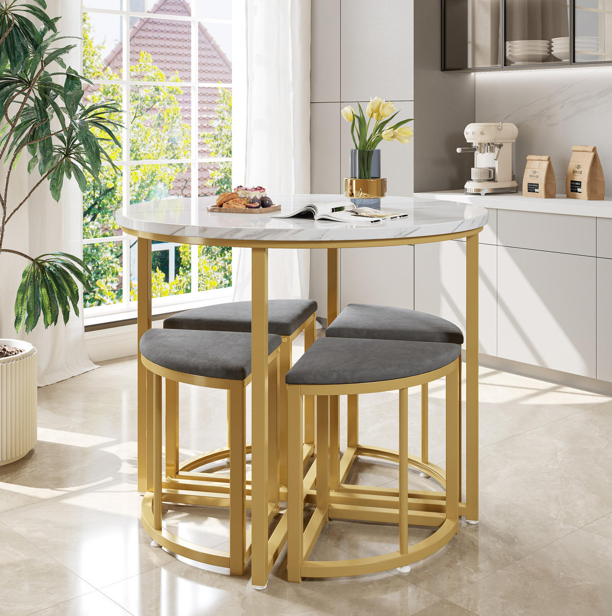 JÍDELNÍ souprava 80 cm bílá z MDF a kovu se 4 židlemi - bílá, kompozitní dřevo (80/75/80cm) - OKWISH