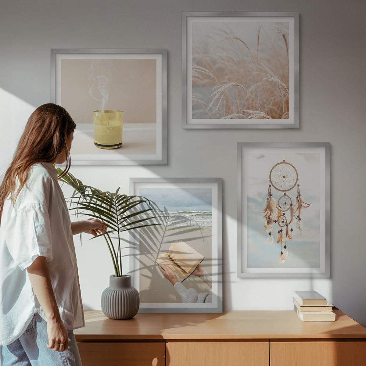 WANDBILDER 4er Set - 50x50 cm & 40x60 cm Silberner Rahmen - Sommerlandschaften im Boho-Stil - Silberfarben, Kunststoff (50/50cm) - ArtPrintCave