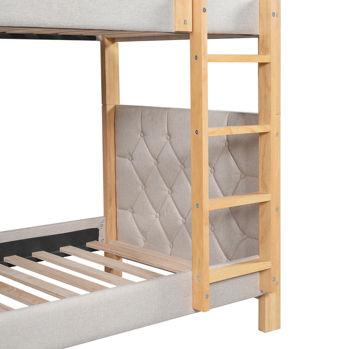 ETAGENBETT aus Kautschukholz und MDF 90x200 cm Grau/Natur mit gerader Treppe, Absturzsicherung und Schwammkante - Grau, Holzwerkstoff (90/200cm) - Modfu