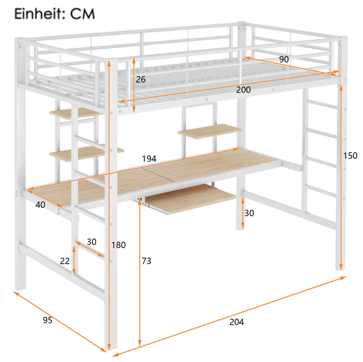 HOCHBETT 204/95/180 cm aus Metall mit Schreibtisch und Regalen Weiß - Weiß, Metall (90/200cm) - Modenvie