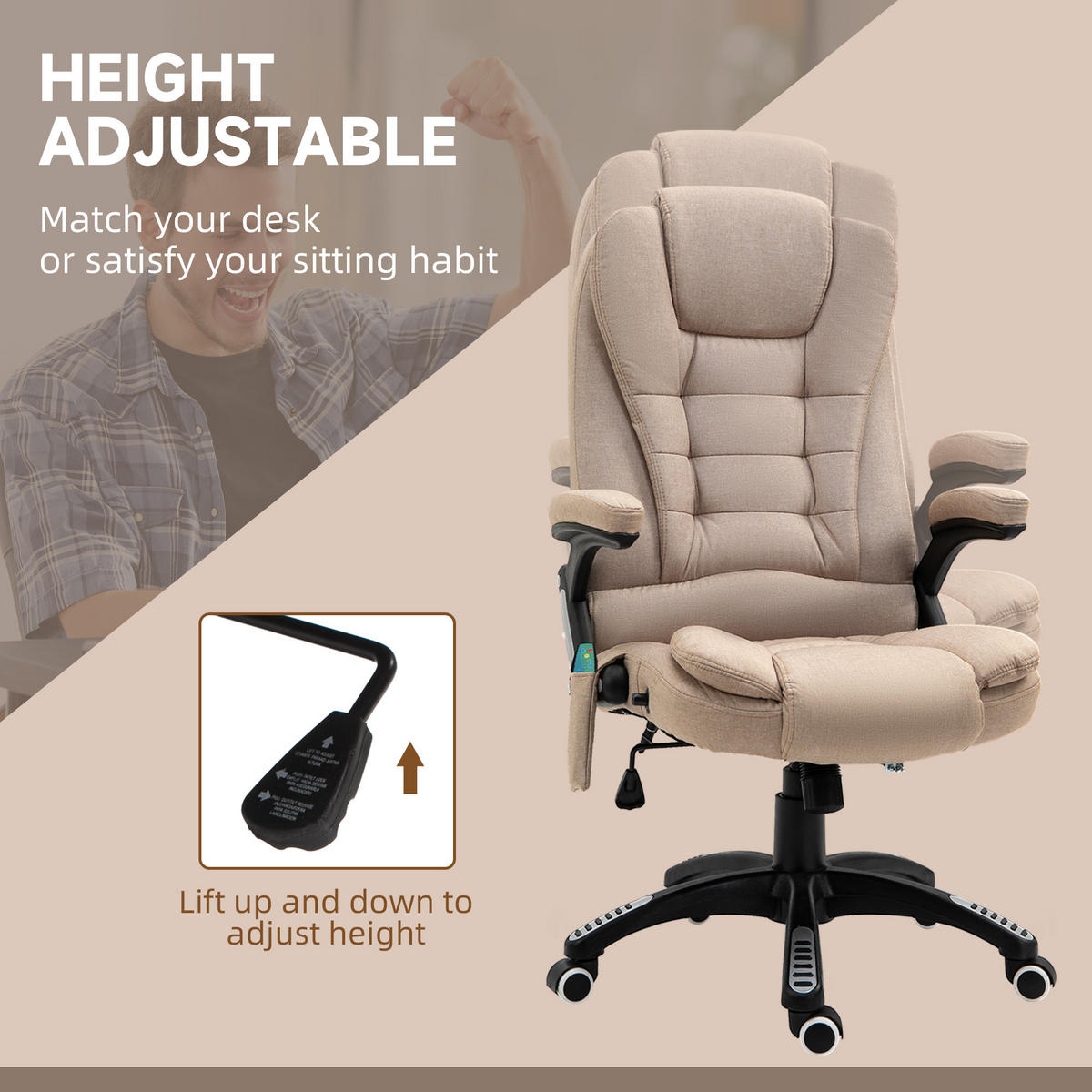 BÜROSTUHL mit Vibrationsmassage, Ergonomisch Schreibtischstuhl Höhenverstellbar - Schwarz/Braun, Kunststoff/Textil (74/116/67cm) - Vinsetto