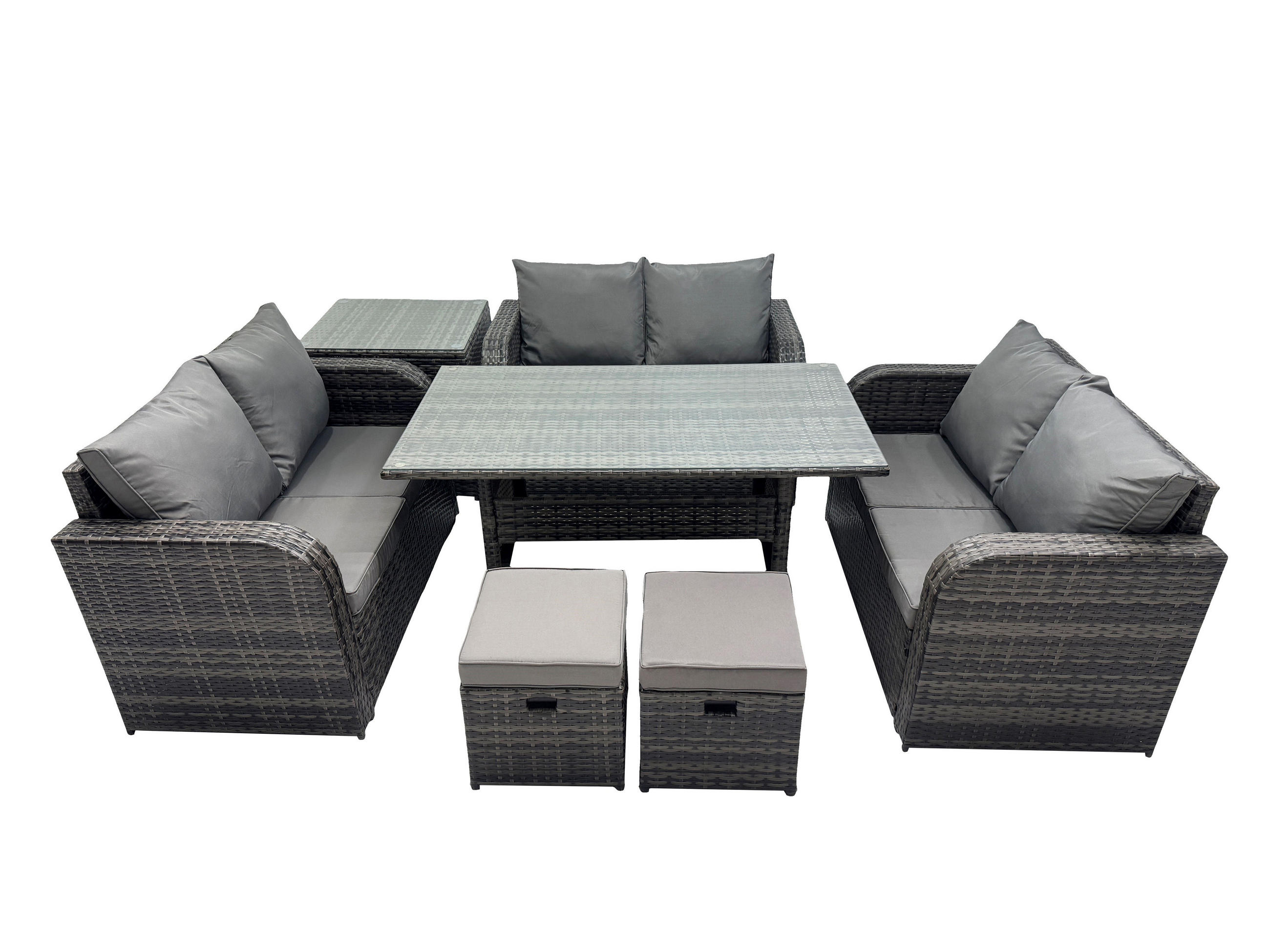 SITZGRUPPE mit Esstisch,Zweisitzer,Beistelltisch,2 Hockern Polyrattan 8-Sitzer - Dunkelgrau/Grau, Glas/Kunststoff - Fimous