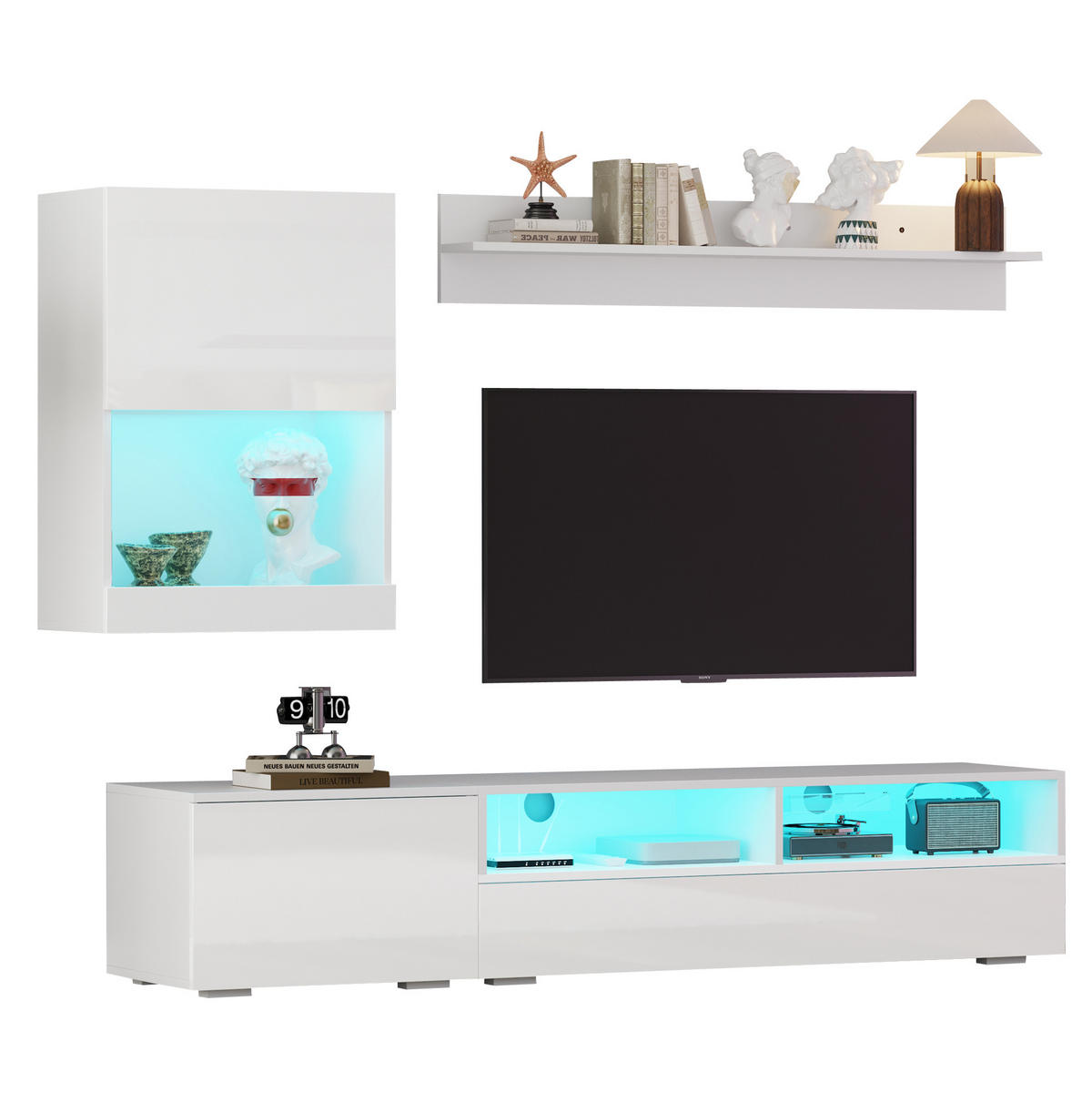 TV-MÖBEL-SET aus Spanplatte 175x39x34 cm Weiß mit LED, Hochglanz und Dämpfungsscharnieren - Weiß, Holzwerkstoff (175/34/39cm) - Modfu