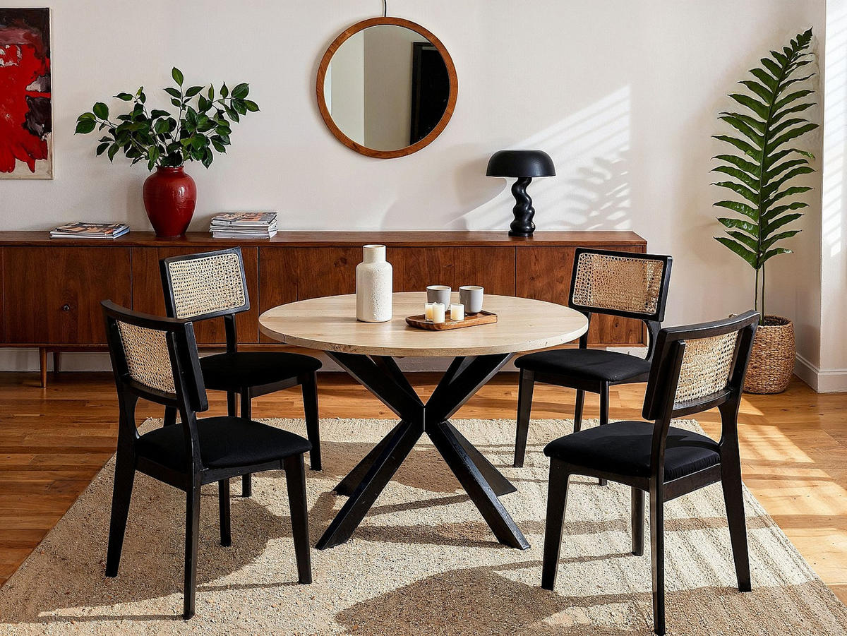 6ER-SET Stühle - Samt - Rattaneffekt & Kautschukholz - Schwarz - CALENYA - Schwarz, Textil (50.5/85.5/48cm) - Vente-Unique