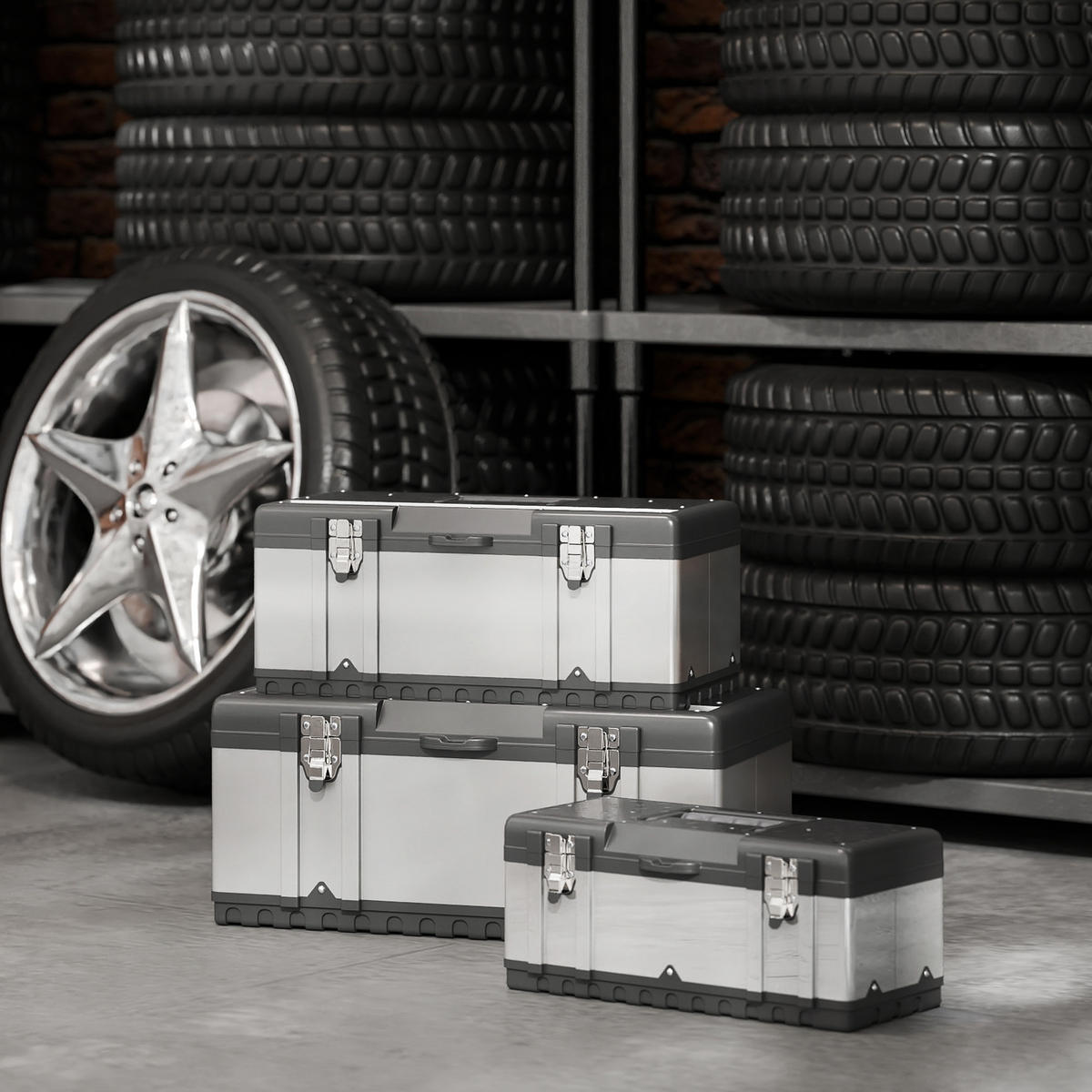 WERKZEUGKOFFER 3er Set leer Werkzeugkasten Werkzeugkiste mit abnehmbarem Tablett - Silberfarben, Kunststoff (29.8/25.5/58.2cm) - HOMCOM