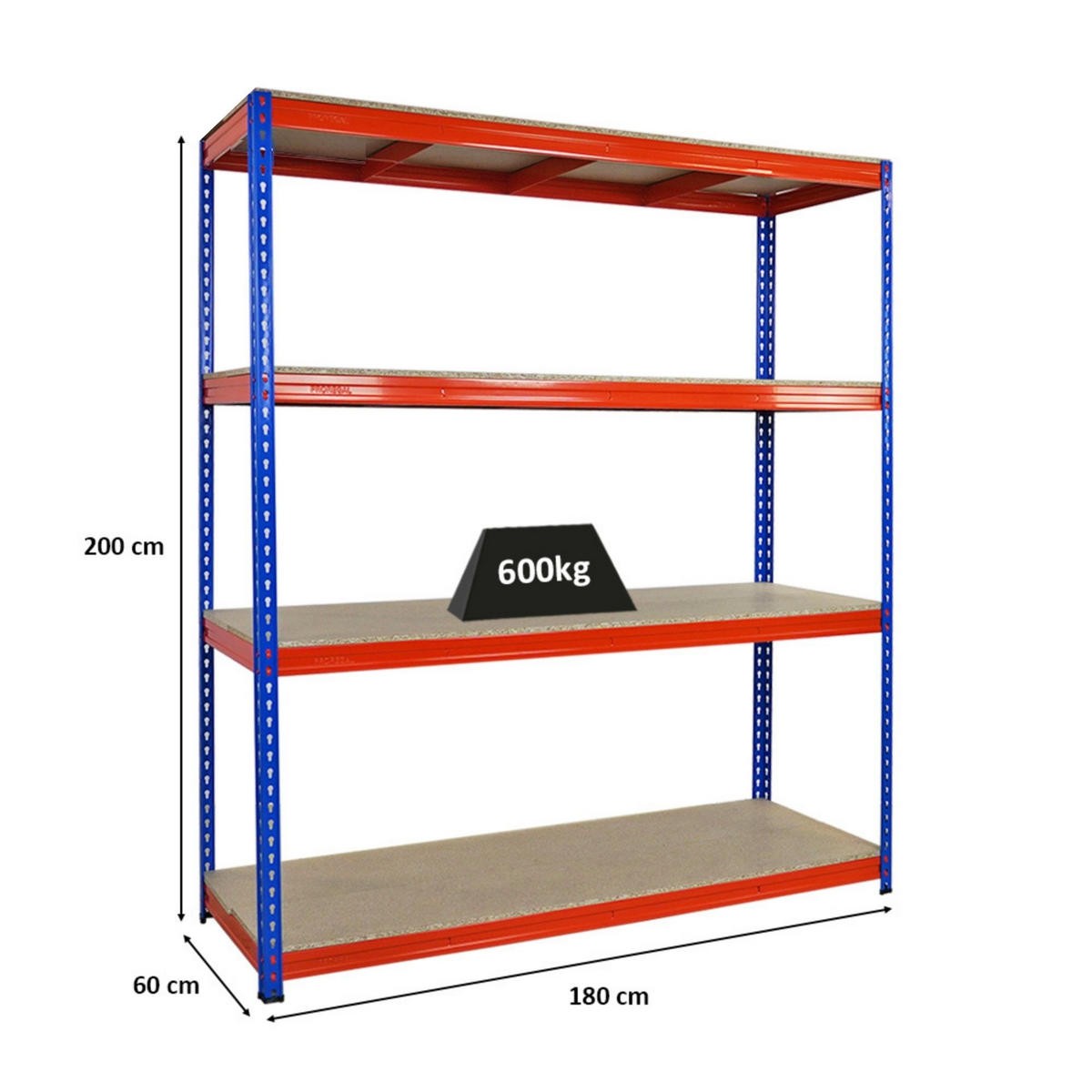 SCHWERLASTREGAL Bison 200x180x60 cm 4 Spanplatten-Ebenen 16mm Fachlast 600 kg Blau-Orange - Blau, Metall (180/200/60cm) - PROREGAL