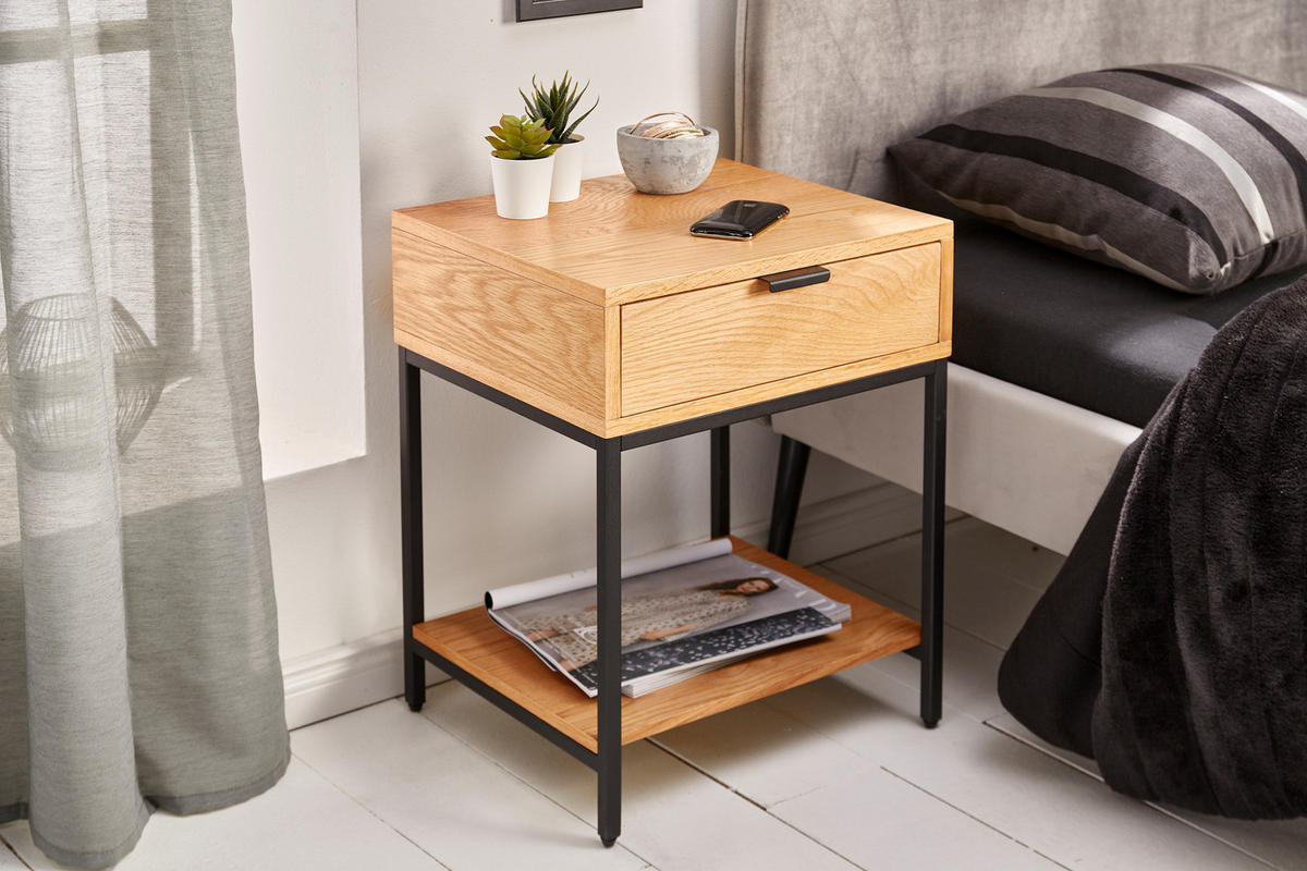 NACHTTISCH ELEMENTS Eiche Natur 50 cm - Schwarz/Naturfarben, Holz/Metall (40/50/35cm) - riess-ambiente