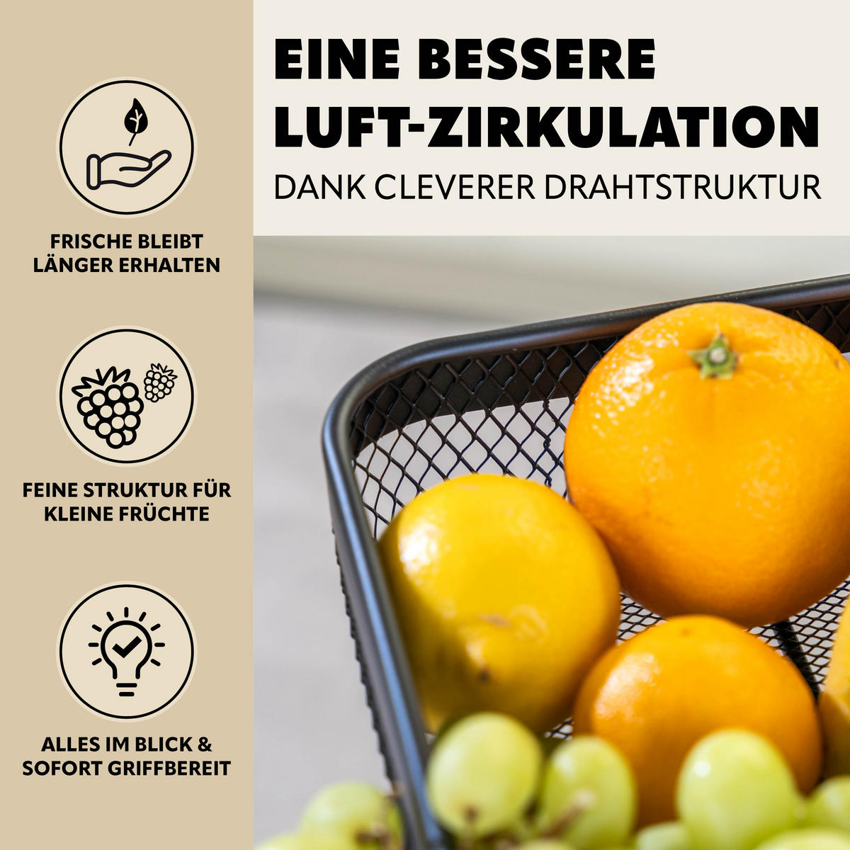 OBSTETAGERE eckig, 3-stöckig, 20 x 20 cm, 25 x 25 cm und 30 x 30 cm, schwarz, Metall - Schwarz, Metall (30/42cm) - eluno