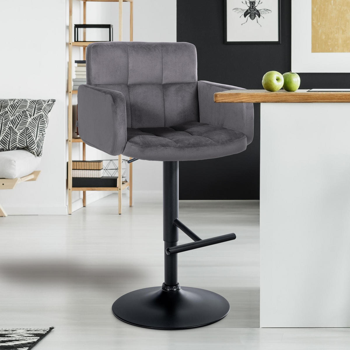 BARHOCKER Samt Dunkelgrau - Dunkelgrau/Schwarz, Textil/Metall (60/93/56cm) - CLP