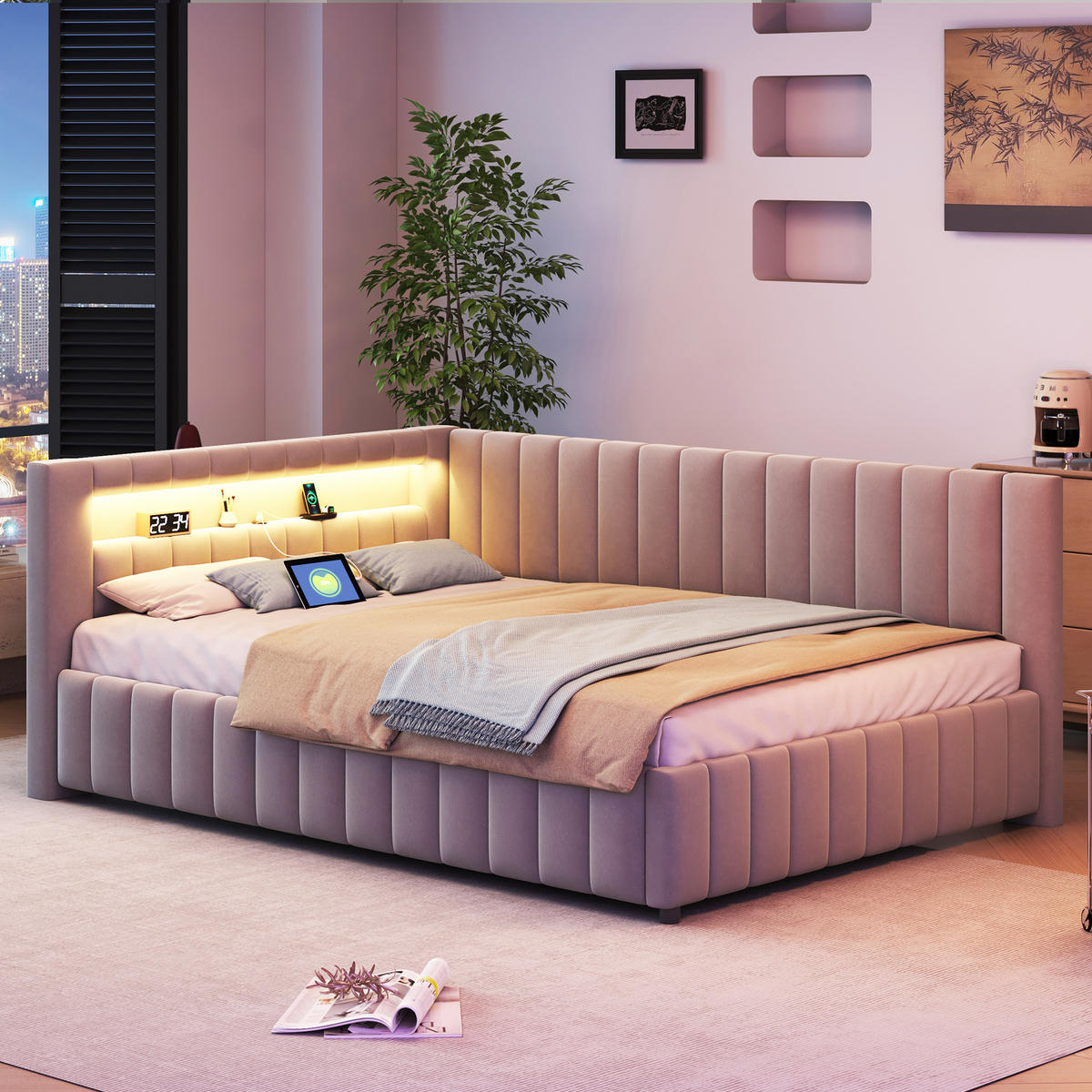 POLSTERBETT 140x200 cm LED USB grau - Grau, Textil (140/200cm) - LEBENLANG