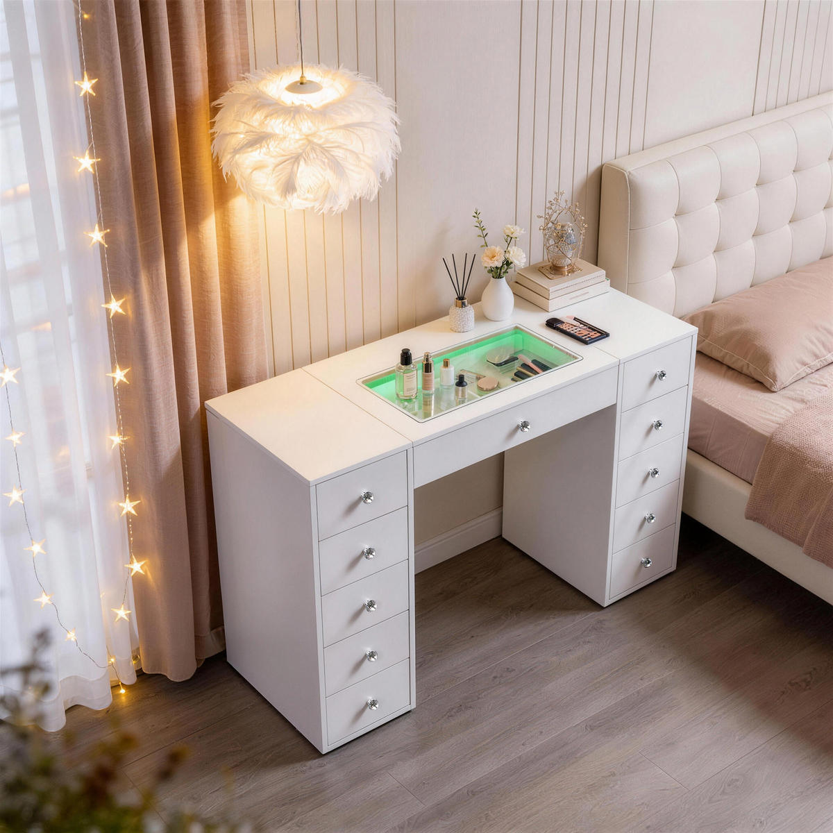 KONSOLENTISCH mit LED 11 Schubladen 130/55/81 CM - Weiß, Metall (55/130/81cm) - VANITII