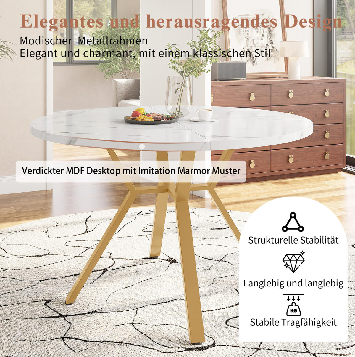 ESSTISCH 100/75/100 cm Weiß/Goldfarben aus MDF und Stahl mit Marmoroptik - Weiß, Holzwerkstoff (100/100/75cm) - OKMYHOME