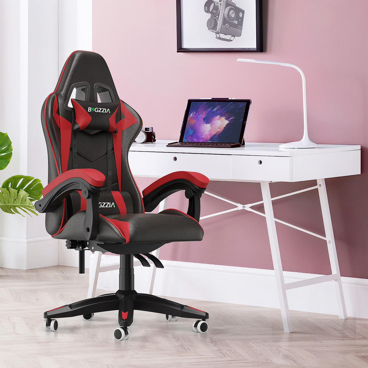 GAMING-STUHL ergonomisch, verstellbare Rückenlehne, Kissen – Schwarz/Rot - Rot, Leder (59/120/56cm) - Rattantree