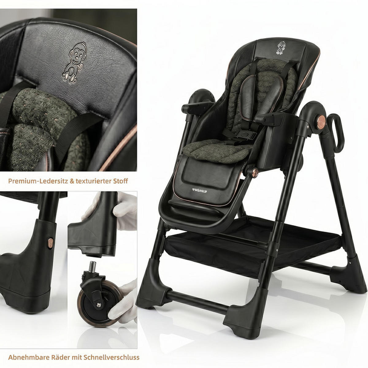 BABYHOCHSTUHL EXPLORE | Verwandlungsfähig | Schwarz - Beige/Schwarz, Leder/Kunststoff (69/110/69cm) - Twinky