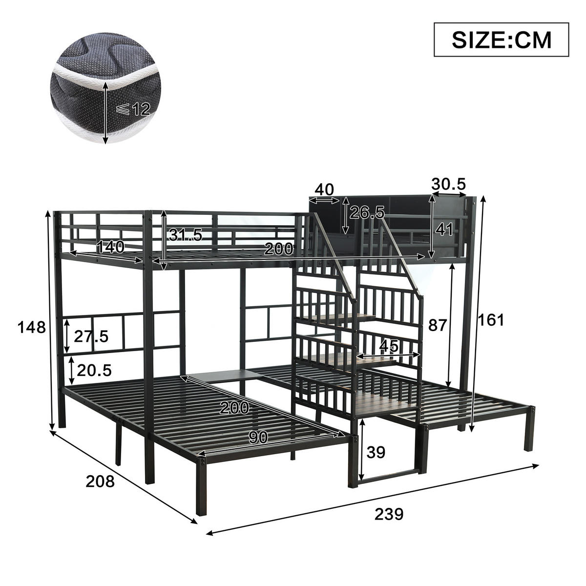 ETAGENBETT 90/200 cm & 140/200 cm in Schwarz mit Stauraum und Treppe - Schwarz, Metall (140/200cm) - CHICFURN