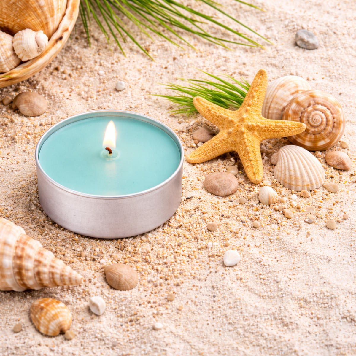 TEELICHT mit Duft - Ozean - 54er Pack - Türkis, Naturmaterialien (4/1.5/4cm) - HS Candle