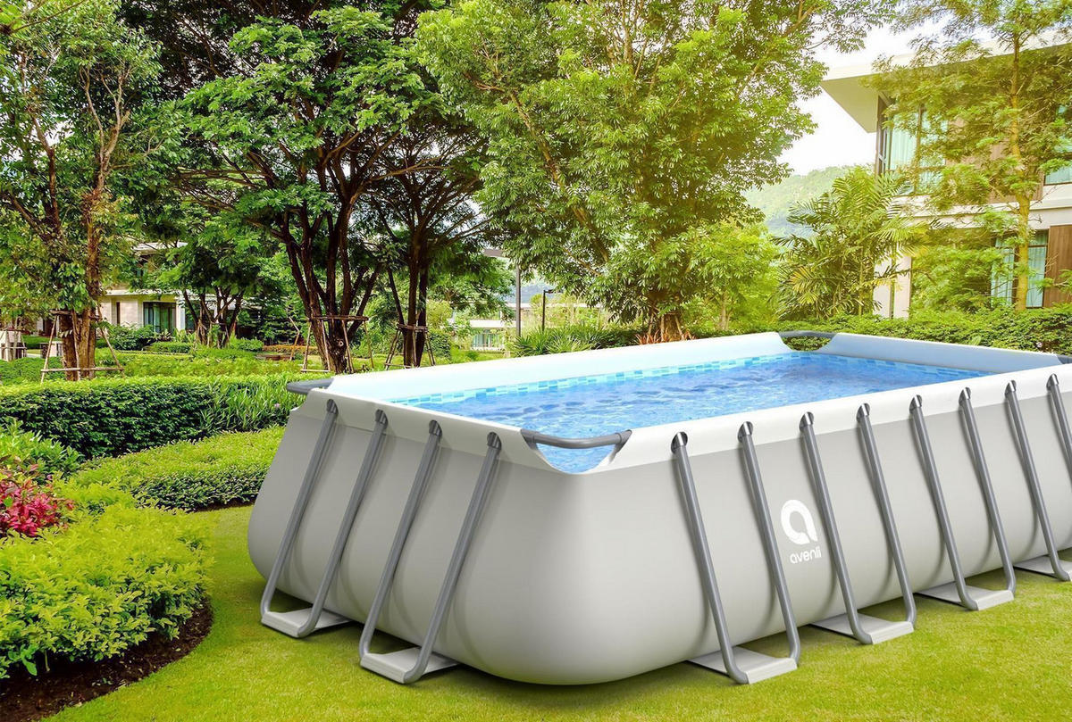 POOL Komplettset rechteckig 549 x 305 x 122 cm grau mit Filterpumpe und Leiter - Grau, Kunststoff/Metall (305/122/549cm) - Avenli