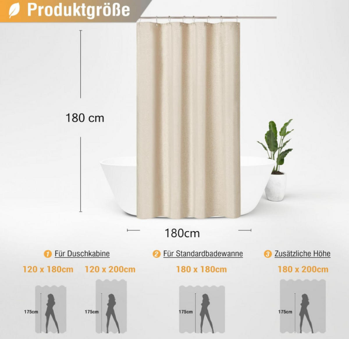 DUSCHVORHANG Leinen Polyester wasserdicht schimmelresistent langlebig für Badewanne und Dusche mit Ringen - Beige, Textil (200/180cm) - MCBOSON