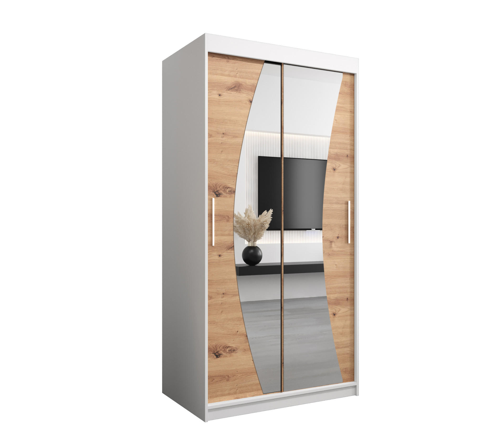 Abiks Möbel Schwebetürenschrank Weiß, Eiche Artisan 100x200x62 cm