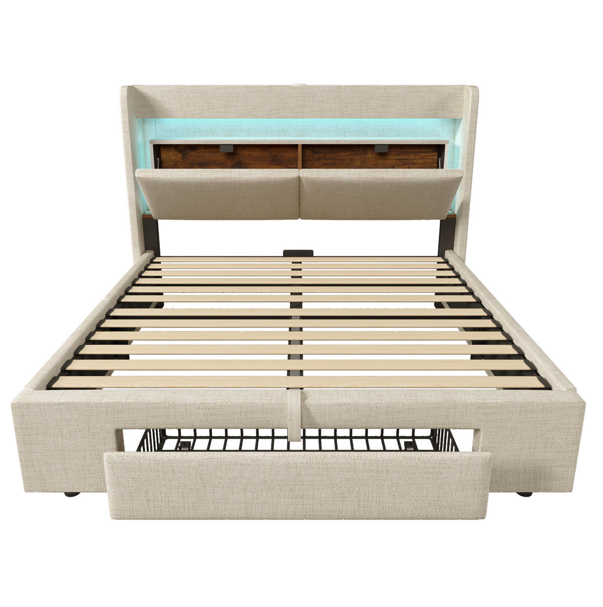 POLSTERBETT aus Leinen 160x200 cm Beige mit Bettkasten, Schublade, LED-Beleuchtung und USB-/USB-C-Anschlüssen - Beige, Textil (160/200cm) - IVMEU