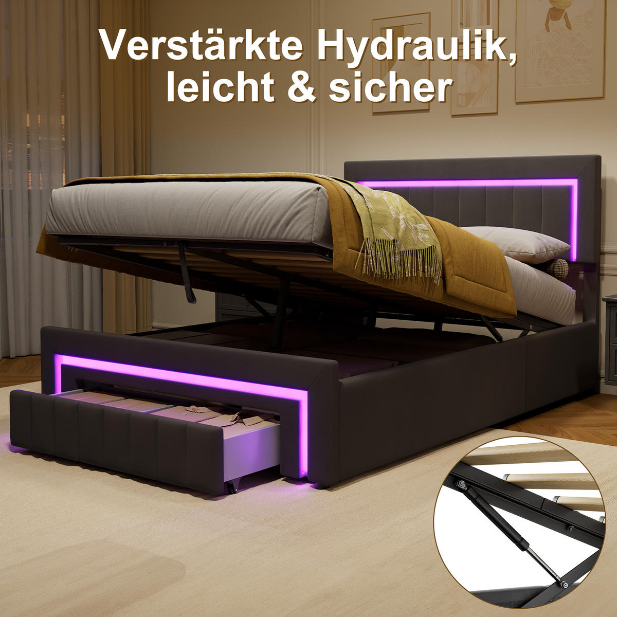 POLSTERBETT 140/200 cm mit hydraulischem Bettkasten, Schublade mit Rollen, LED-Beleuchtung, Grau - Grau, Textil (140/200cm) - Redom