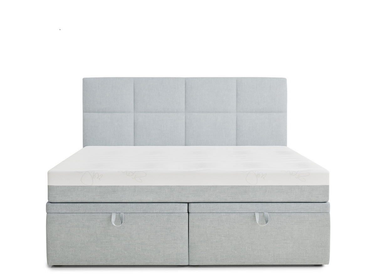 BOXBETT 140/200 cm Umage, in Hellblau, Matratze, gepolstertes Kopfteil, Bettkasten, H3 = fest - Schwarz/Hellblau, Holz/Holzwerkstoff (140/200cm) - Maison de Reve