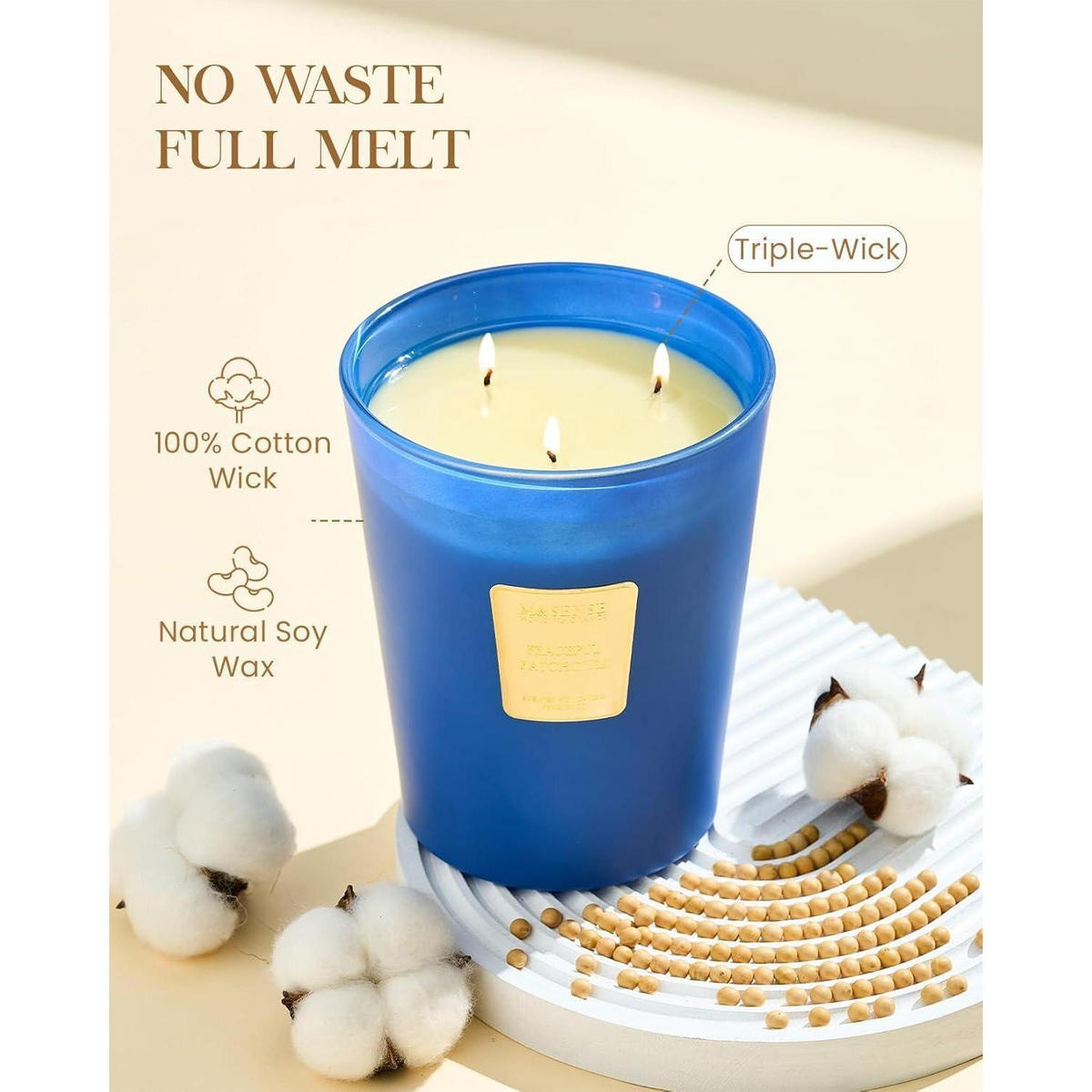 DUFTKERZE im Glas Patchouli Sandelholz 3 Dochte 990g - Blau, Paraffin (16cm)