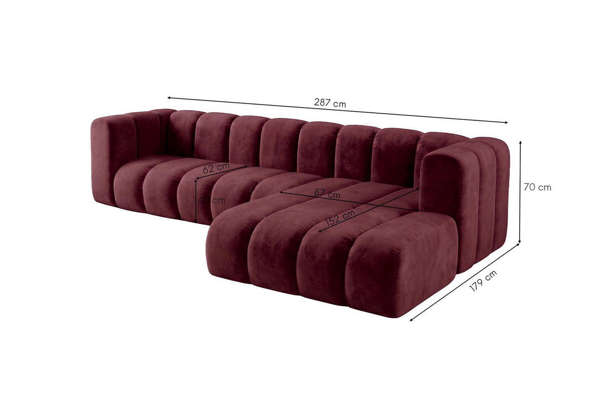 ECKSOFA Modulares In L-Form, Velvet-Stoff Riviera, Rotwein, Rechts, GRAND 287 cm - Dunkelrot, Holz (287/179cm) - Kaiser Möbel