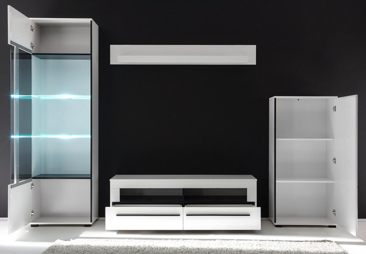 WOHNWAND Hochglanz weiß 280 cm, zeitloses Design, mit Soft-Close - Weiß Hochglanz/Schwarz, Glas/Holzwerkstoff (280/200/42cm) - Furn.Design