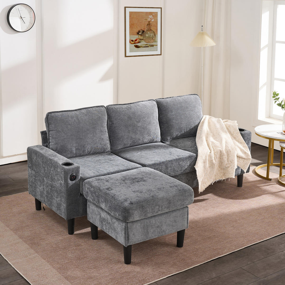ECKSOFA 202/137/80 cm Grau mit USB-, Typ-C-Anschlüssen, 2 Getränkehaltern und 1 Fußhocker - Grau, Textil (202/137cm) - Oxeza