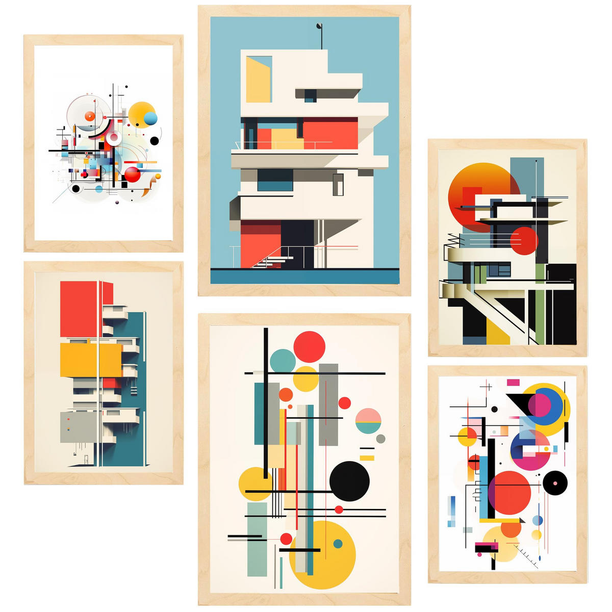 POSTER Set Mit 6 Bauhaus Dekonstruierte Architektur A3 & A4 Rahmen Aus Hellem Holz - Beige, Papier (29/3cm) - Nacnic
