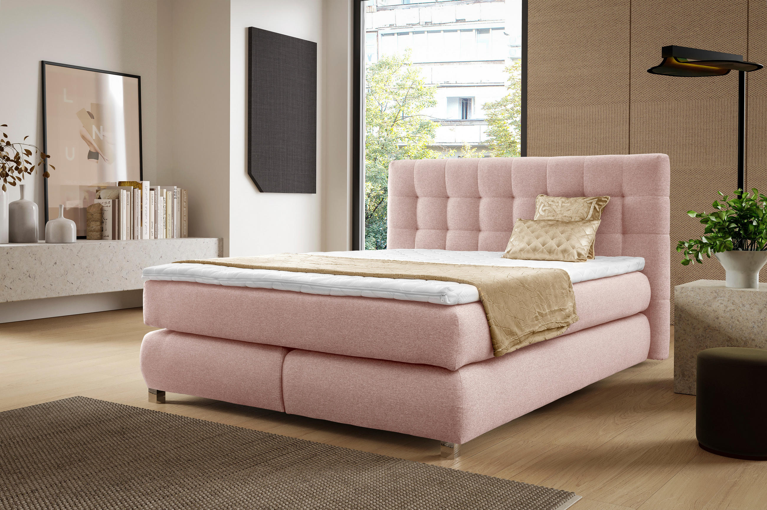 BOXSPRINGBETT BLAKE Bonellmatratze Topper 140x200 Puderrosa - Rosa, Holz (140/200cm) - Furnistar