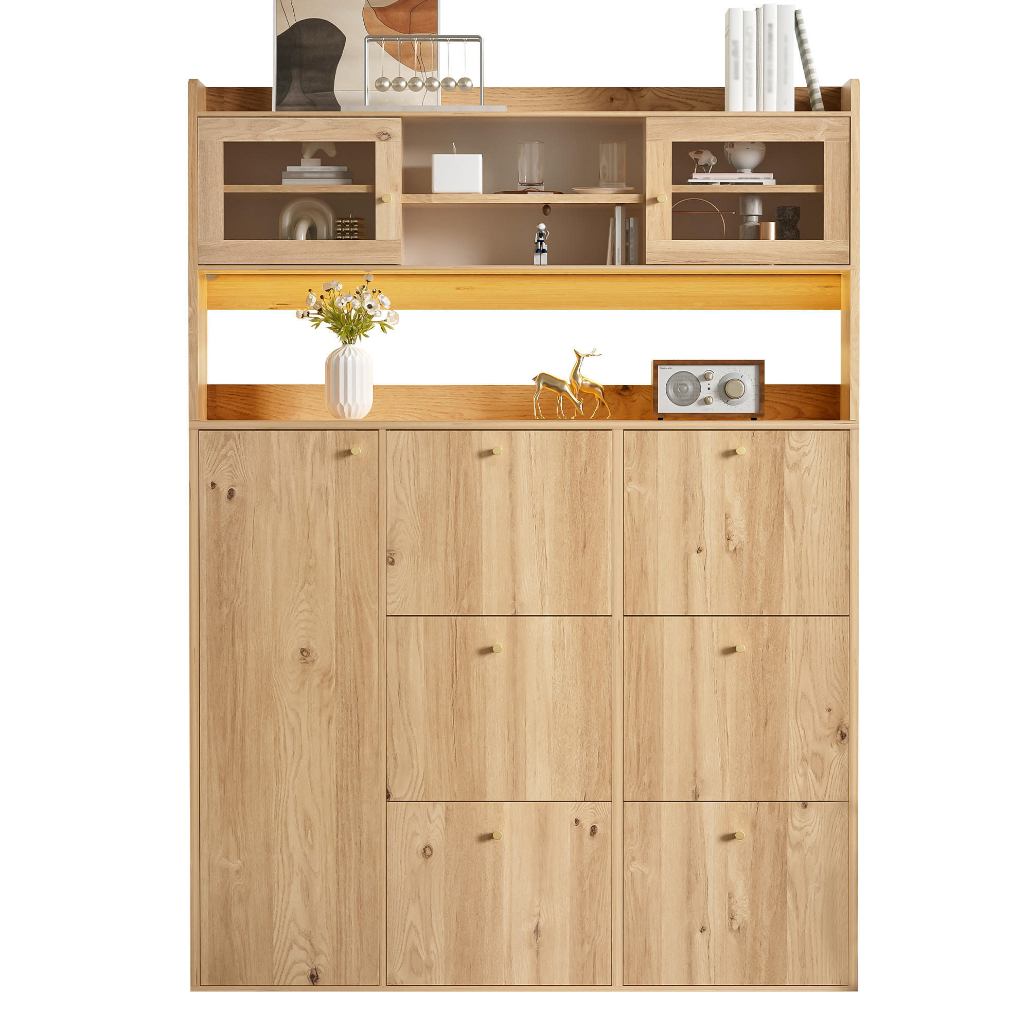 SCHUHSCHRANK 130x25x180cm mit Glas, LED und 6 Klappen - Naturfarben, Holzwerkstoff (130/180/25cm) - FLIEKS