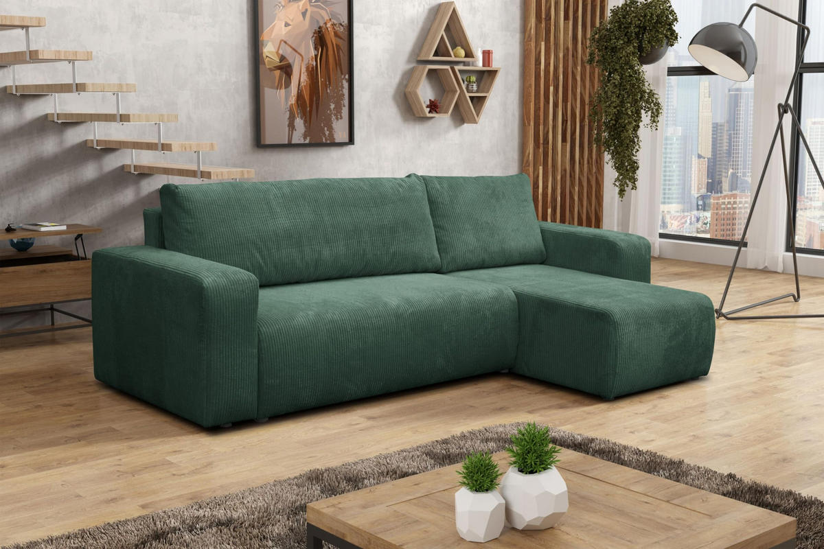 ECKSOFA LUNA mit Schlaffunktion und Bettkasten Cord-Stofff (Grün) - Grün, Textil (244/142cm) - VENASI MÖBEL